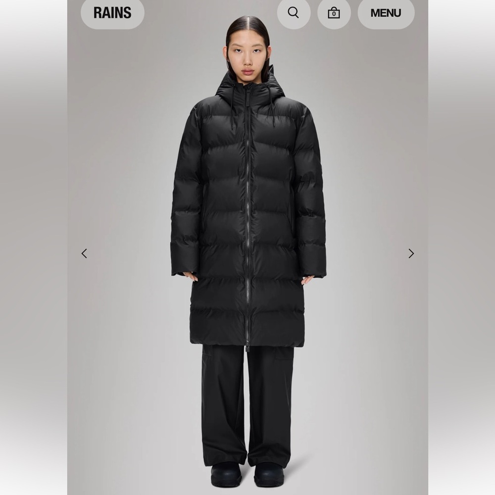 RAINS Alta Longer Puffer Quilted Rubberiszed Hooded Coat, Size XS/S